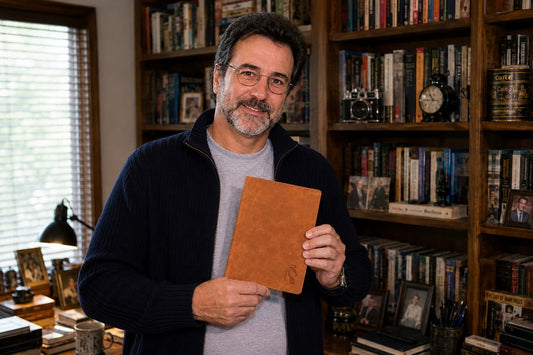 Man holding a brown LeStallion journal in a book-lined study, as shown in Roger Davis’s writing journal guide